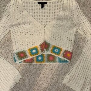 Forever 21 Cream V-Neck Sweater with Colorful Crochet Accents
